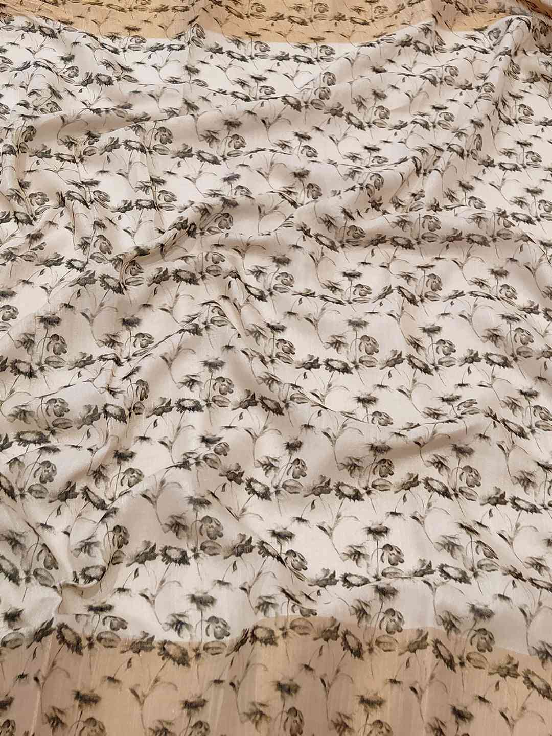 Close-up of Floral Elegance Pure Linen Saree fabric