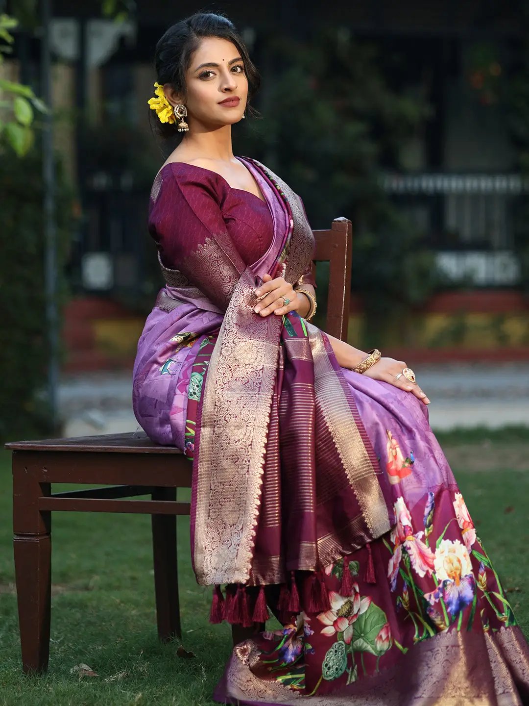 Purple Pure Viscose Dola Silk Floral & Kalamkari Print Saree