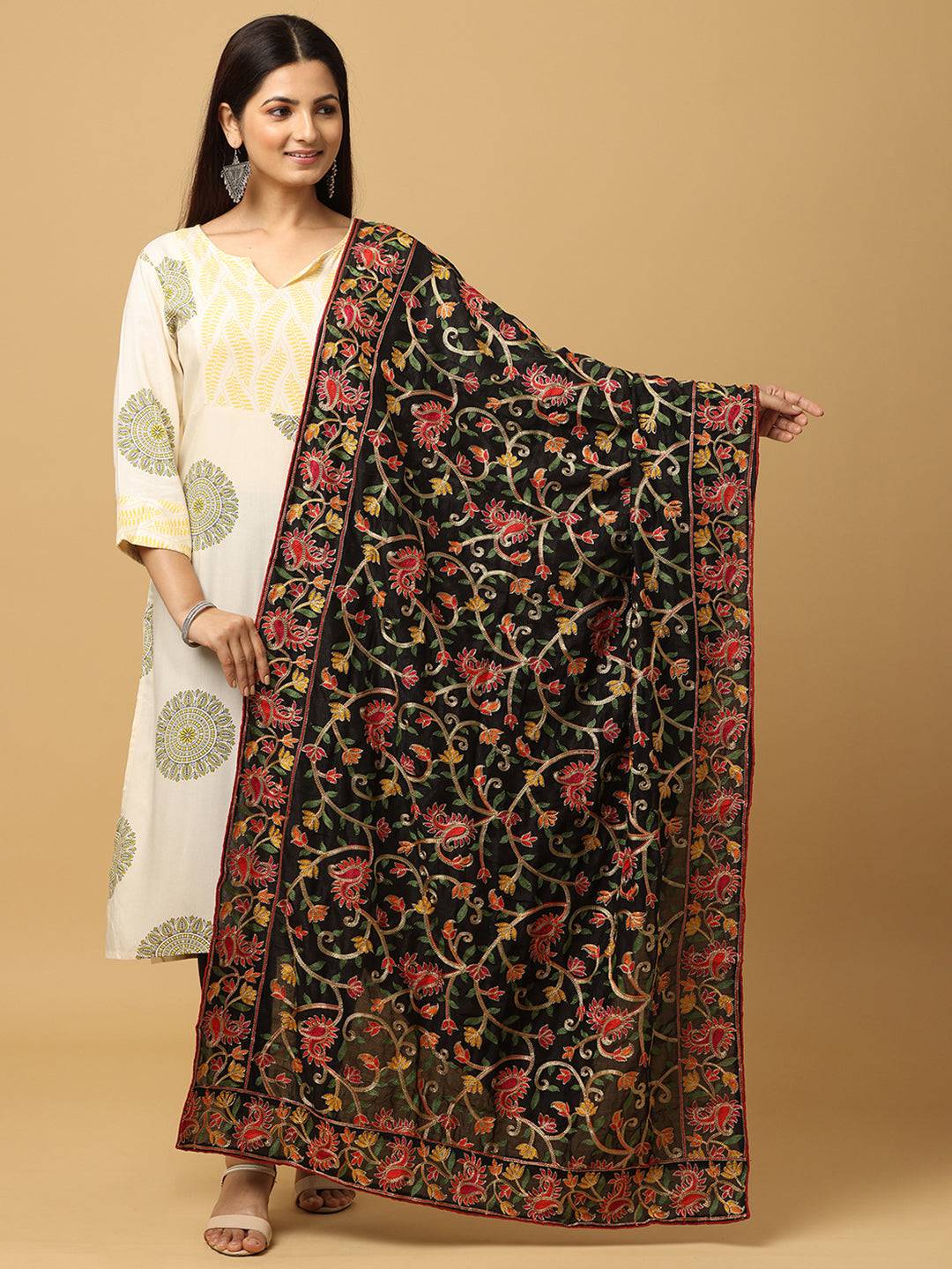 Black chiffon dupatta with colorful threadwork, front view