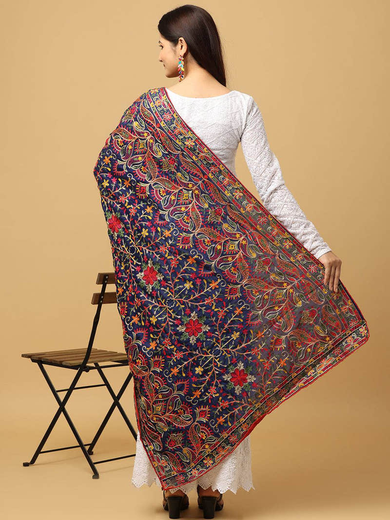 Navy Deep Multicolour Floral Pashmina Dupatta