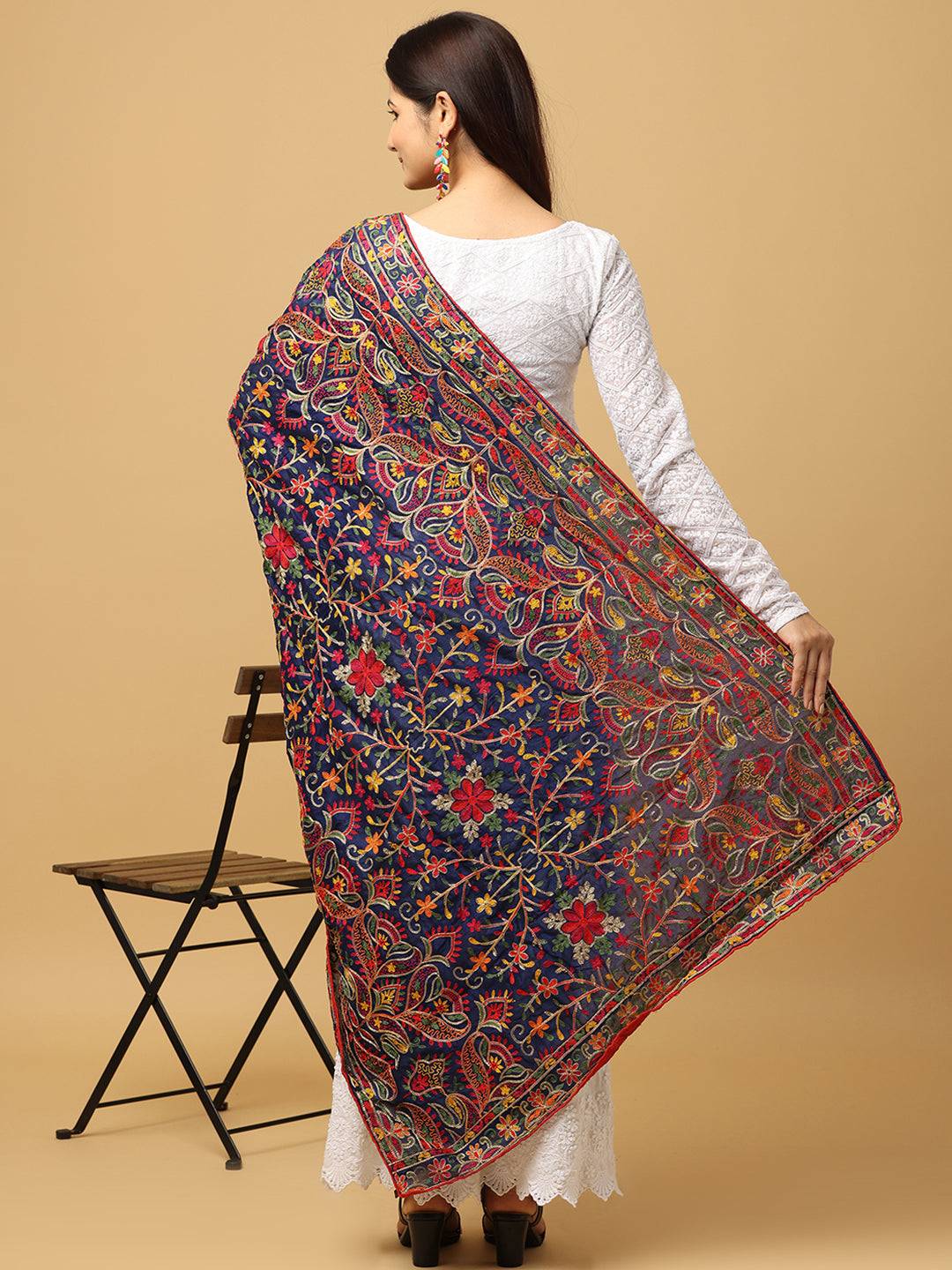 Back view of navy blue dupatta with intricate embroidery