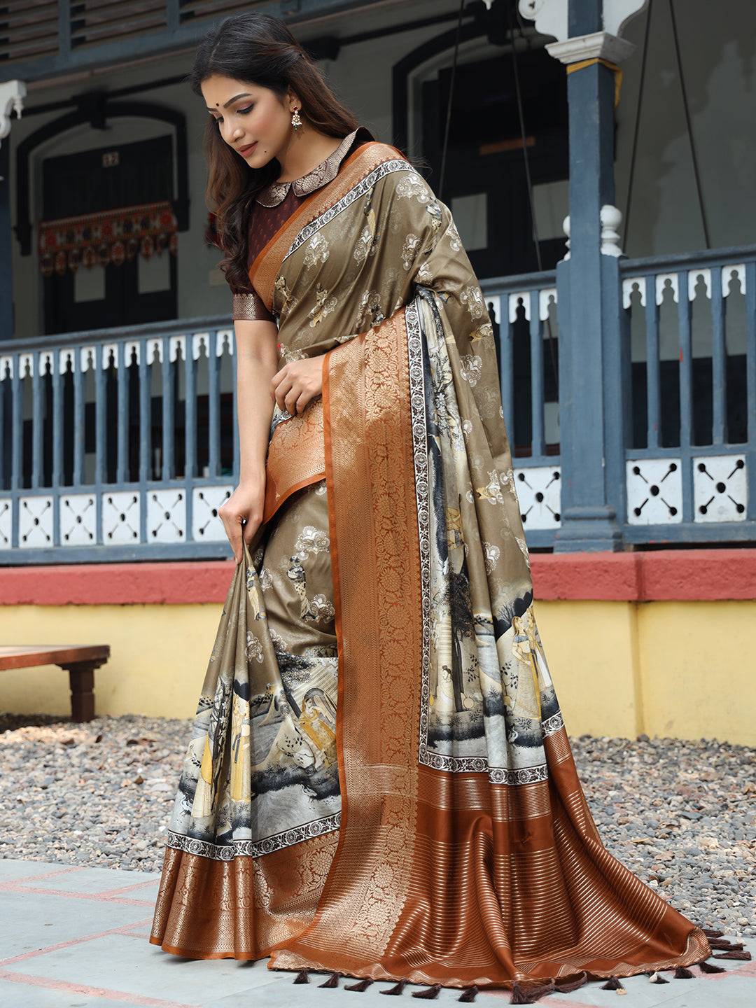 Multi Ajrak Block & Hand Kalamkari Print Pure Viscose Saree