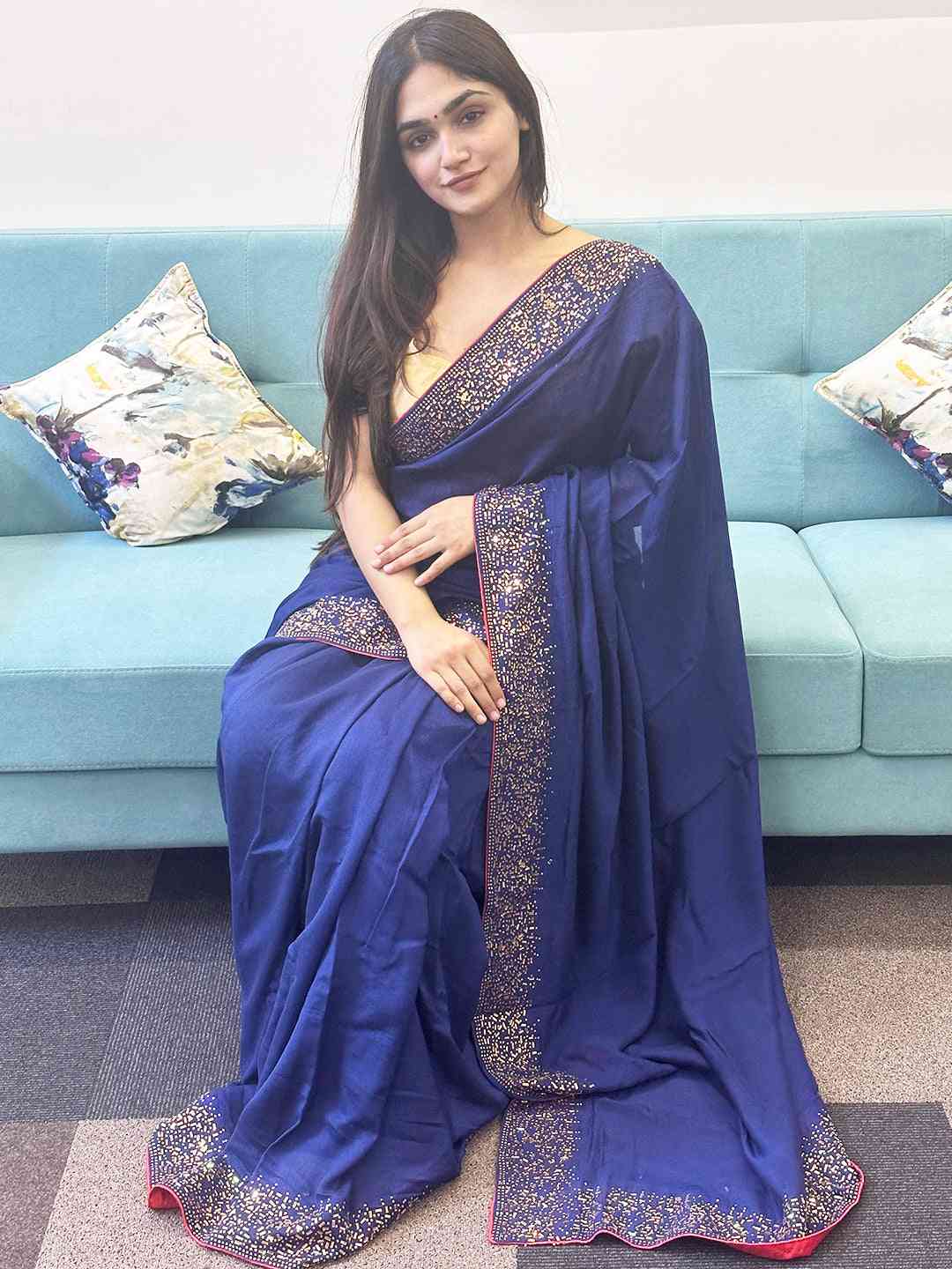 Navy silk saree with intricate Swarovski stone detailing