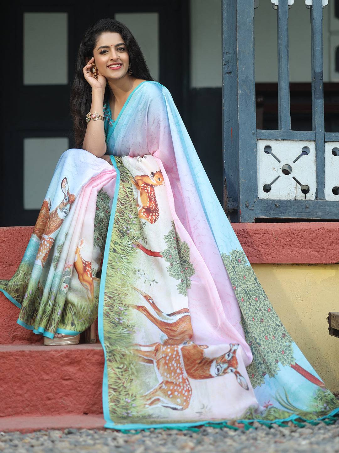 Latest Satin Georgette Multi Colour Hand Print Saree