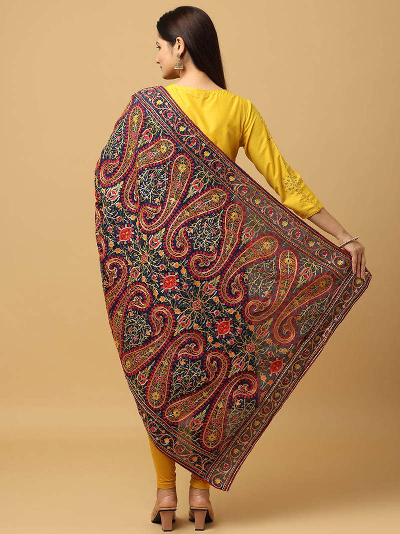 Navy Ornate Paisley Panel Pashmina Dupatta