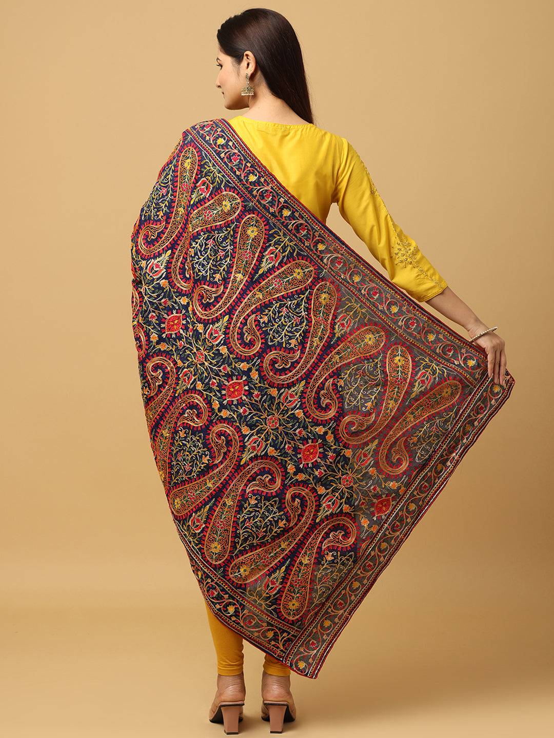 Back view of Navy Poly Chiffon Pashmina Dupatta with embroidery