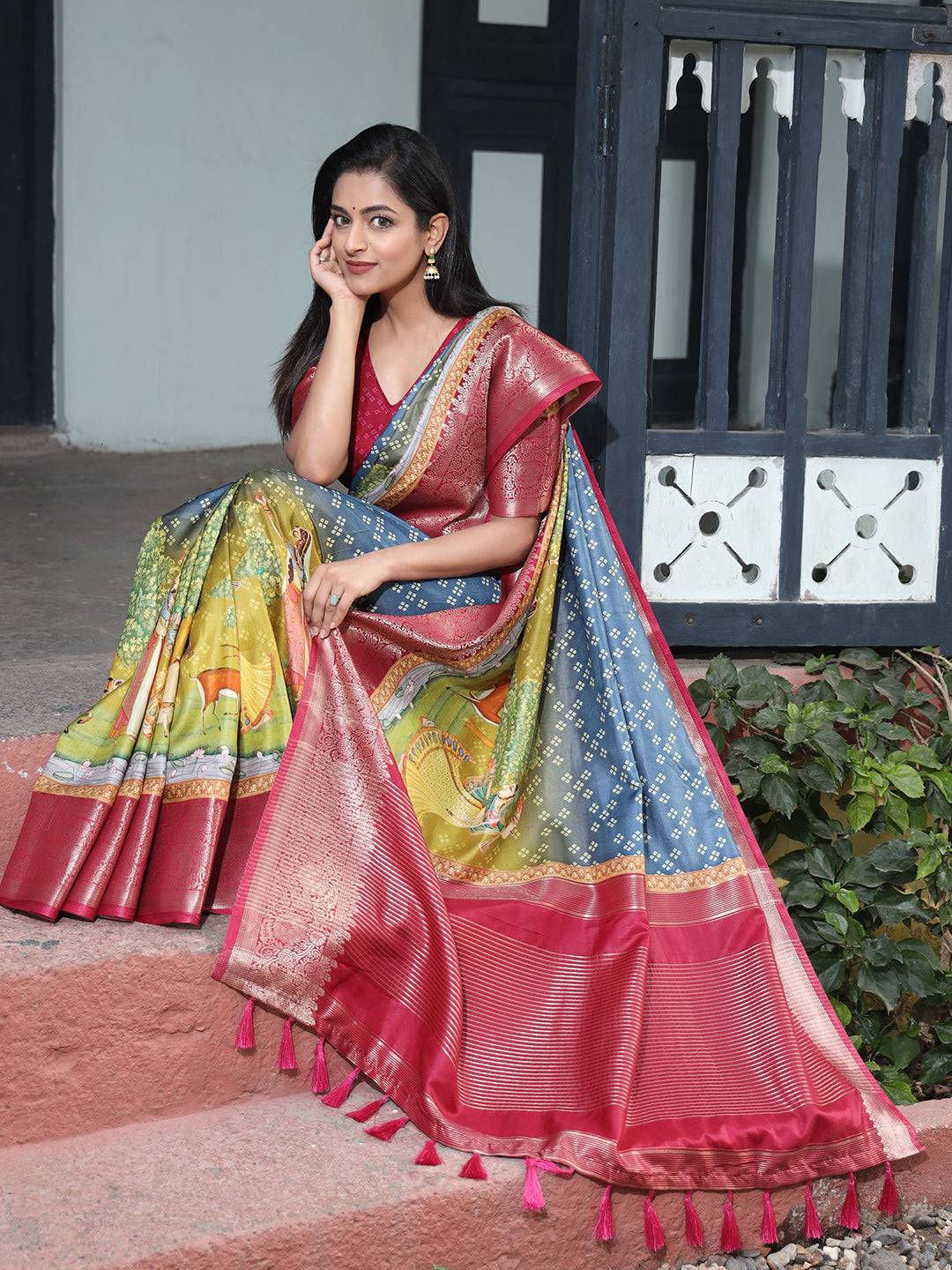 Blue Pure Viscose Dola Silk Saree with Bhandhej Print