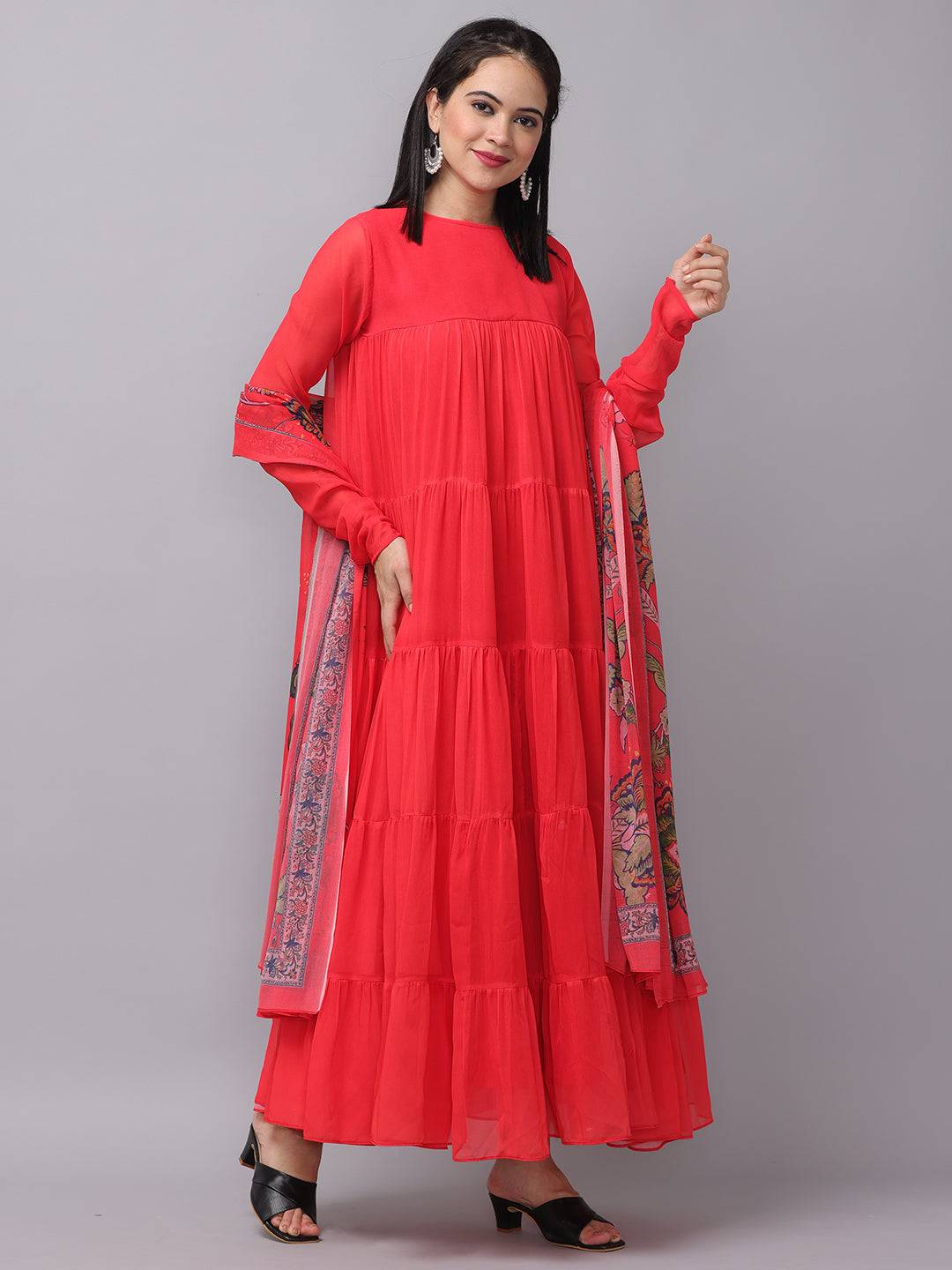 Fiery Red Churidar Sleeves Dress with dupatta