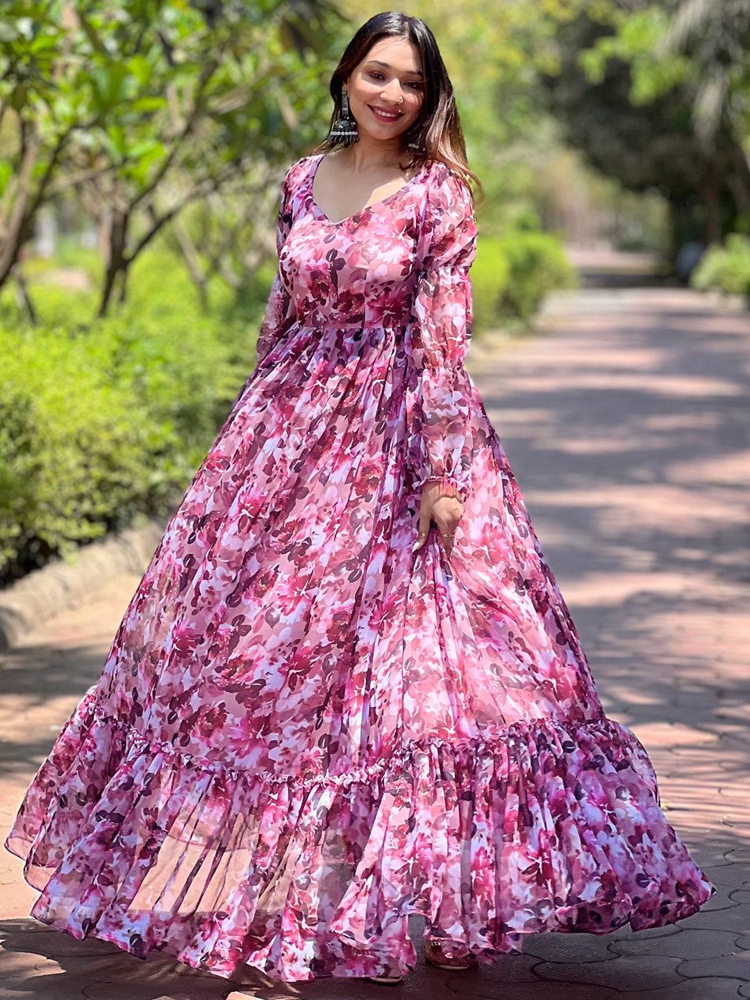 Chic Wine Floral Bundl Print Dress with ruffled hem