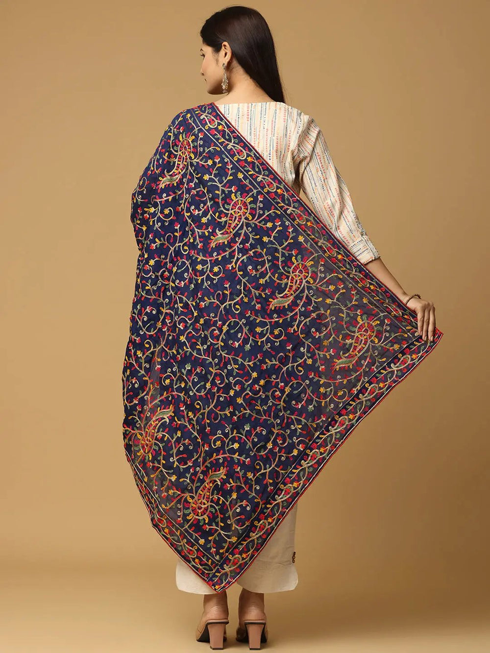 Back view of Navy Pashmina Dupatta with vibrant embroidery