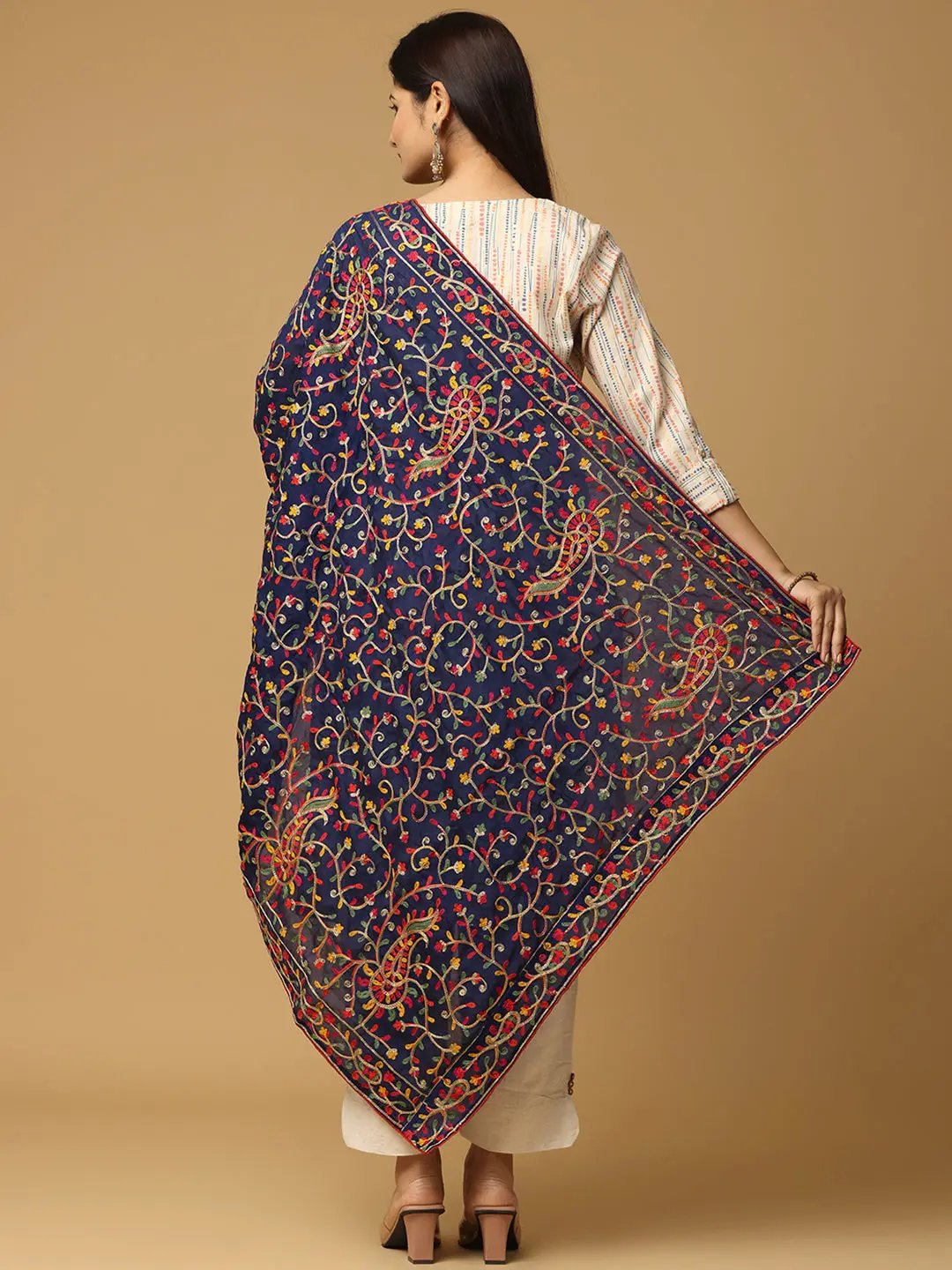 Back view of Navy Pashmina Dupatta with vibrant embroidery