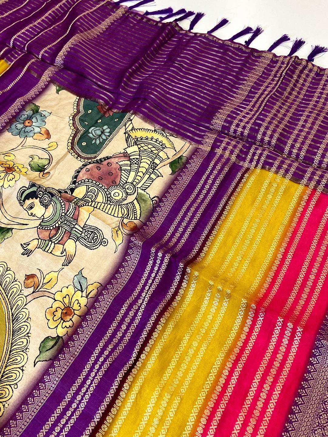 Radiance Soft Silk Kalamkari Zari Stripe Saree