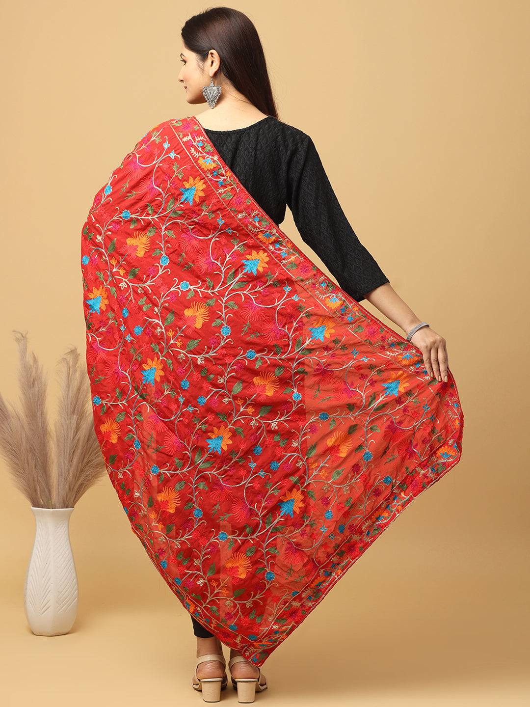 Back view of red Bollywood poly chiffon pashmina dupatta.