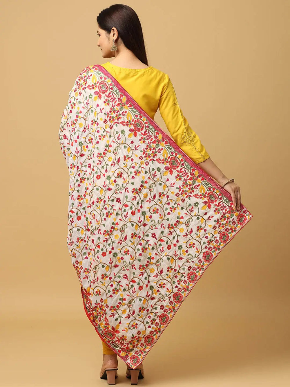 Back view of embroidered White Poly Chiffon Pashmina Dupatta
