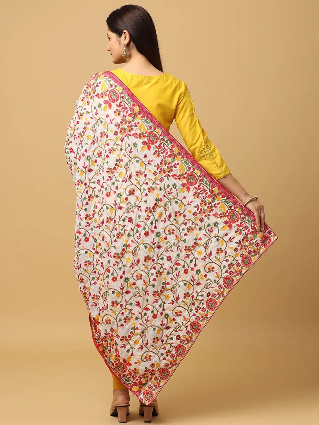 Back view of embroidered White Poly Chiffon Pashmina Dupatta