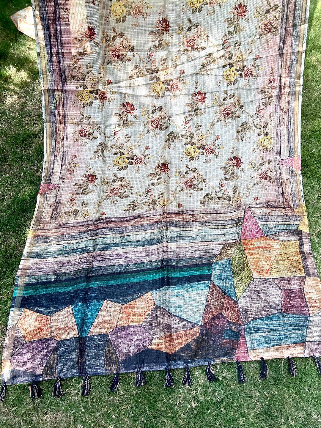 Beige Kota Doriya Silk Saree With Flower & abstect Prints