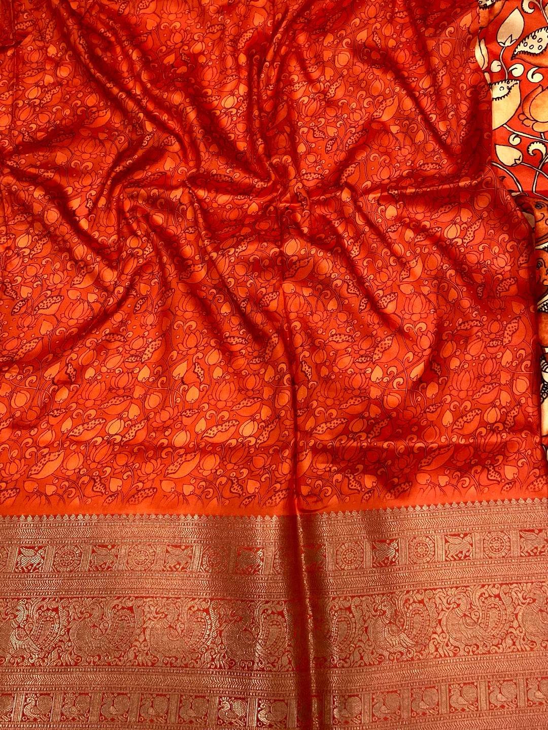 Orange Digital Kalamkari Banarasi Saree