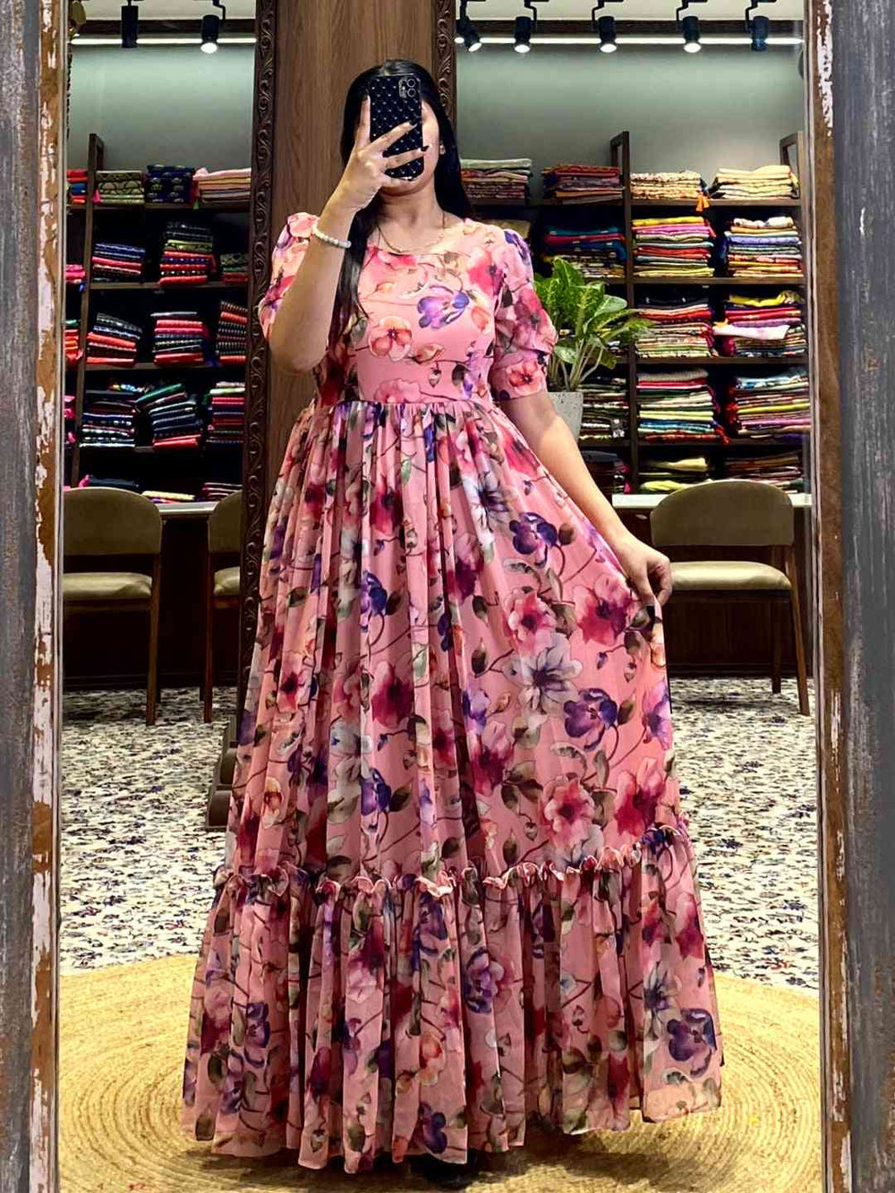 Salmon Pink Floral Georgette Dress