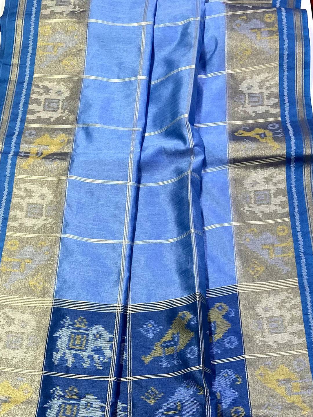 Blue Double Ikat Tussar Silk Saree