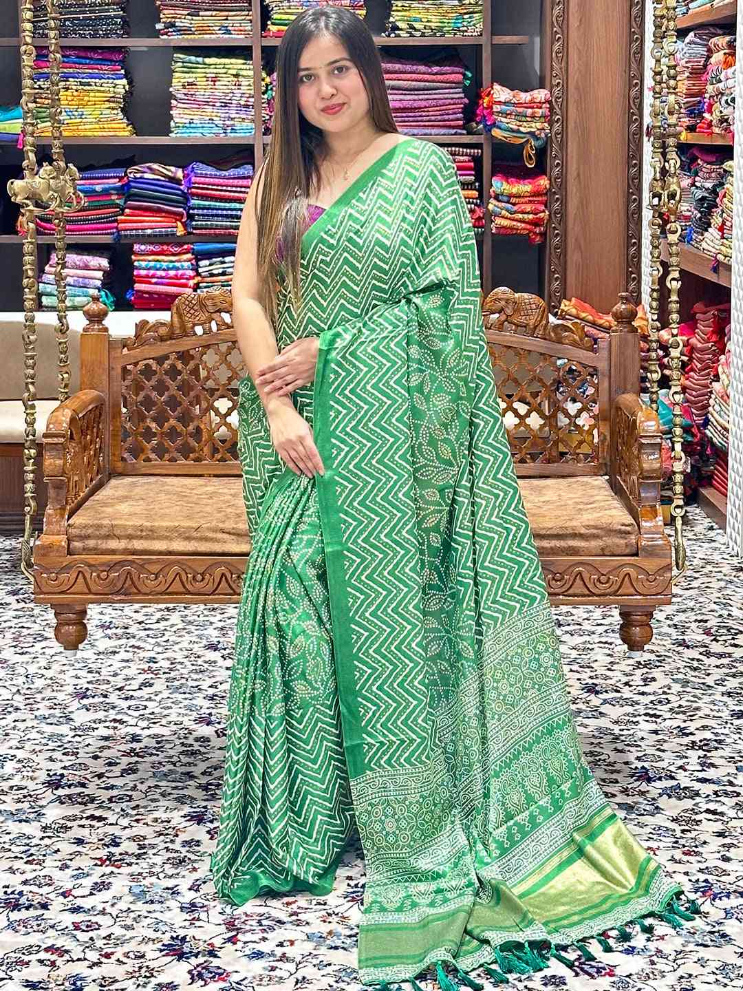 Elegant Manipuri silk saree in green with foil print patterns