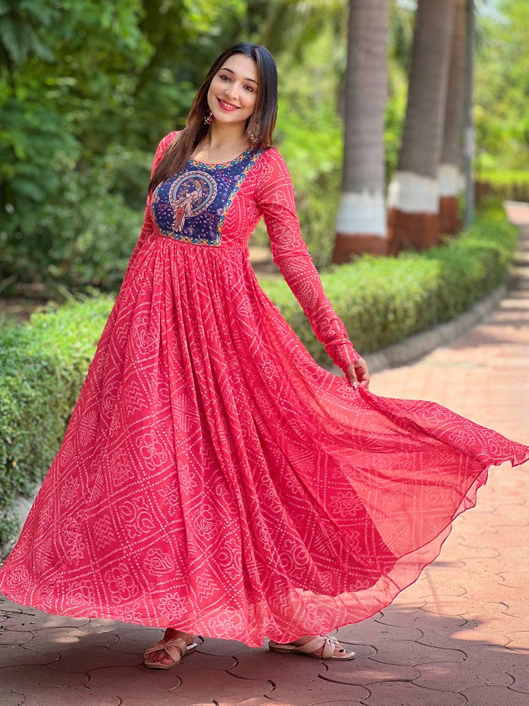 Stylish Cherry Red Bandhej Dress outdoor setting