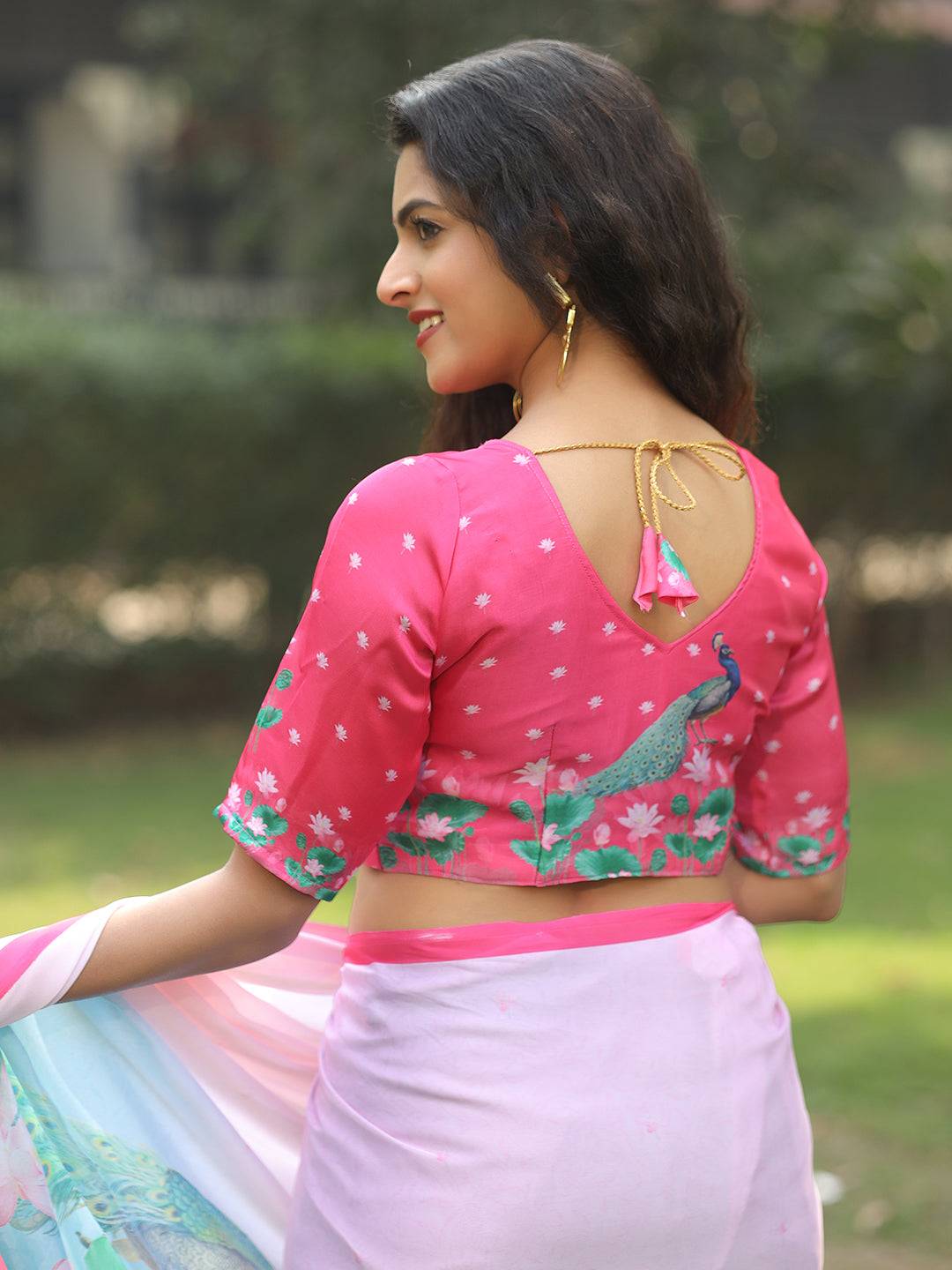 Satin Georgette Light Pink Colour Hand Print Saree