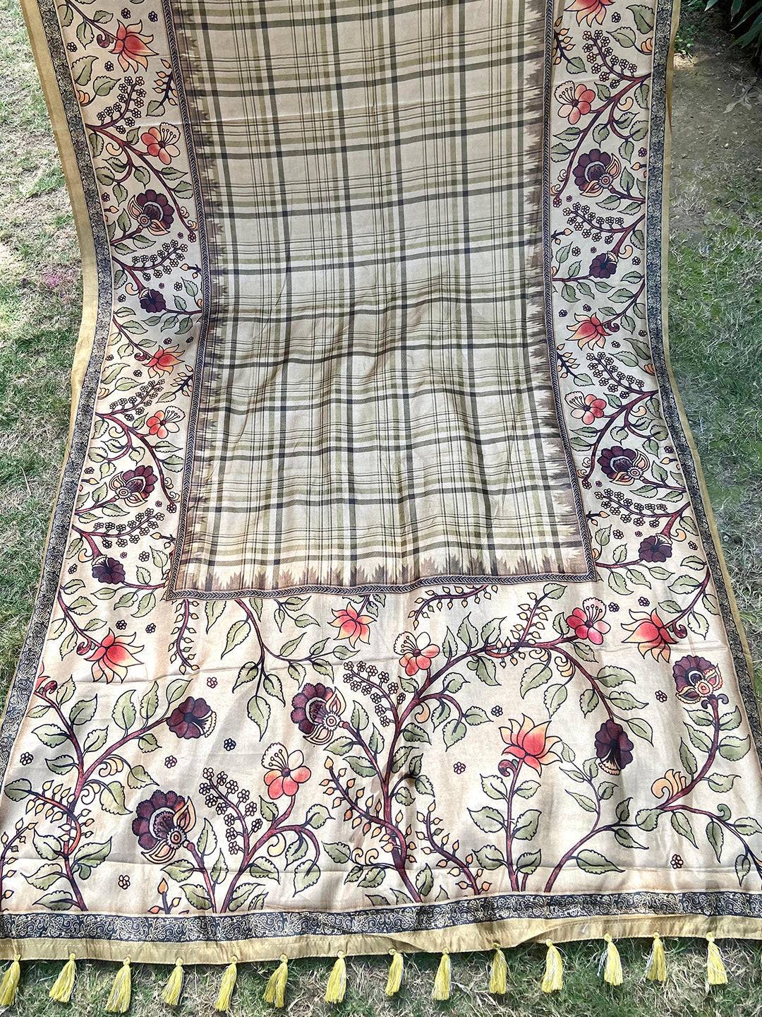 Full view of tussar silk saree with floral and chex motifs