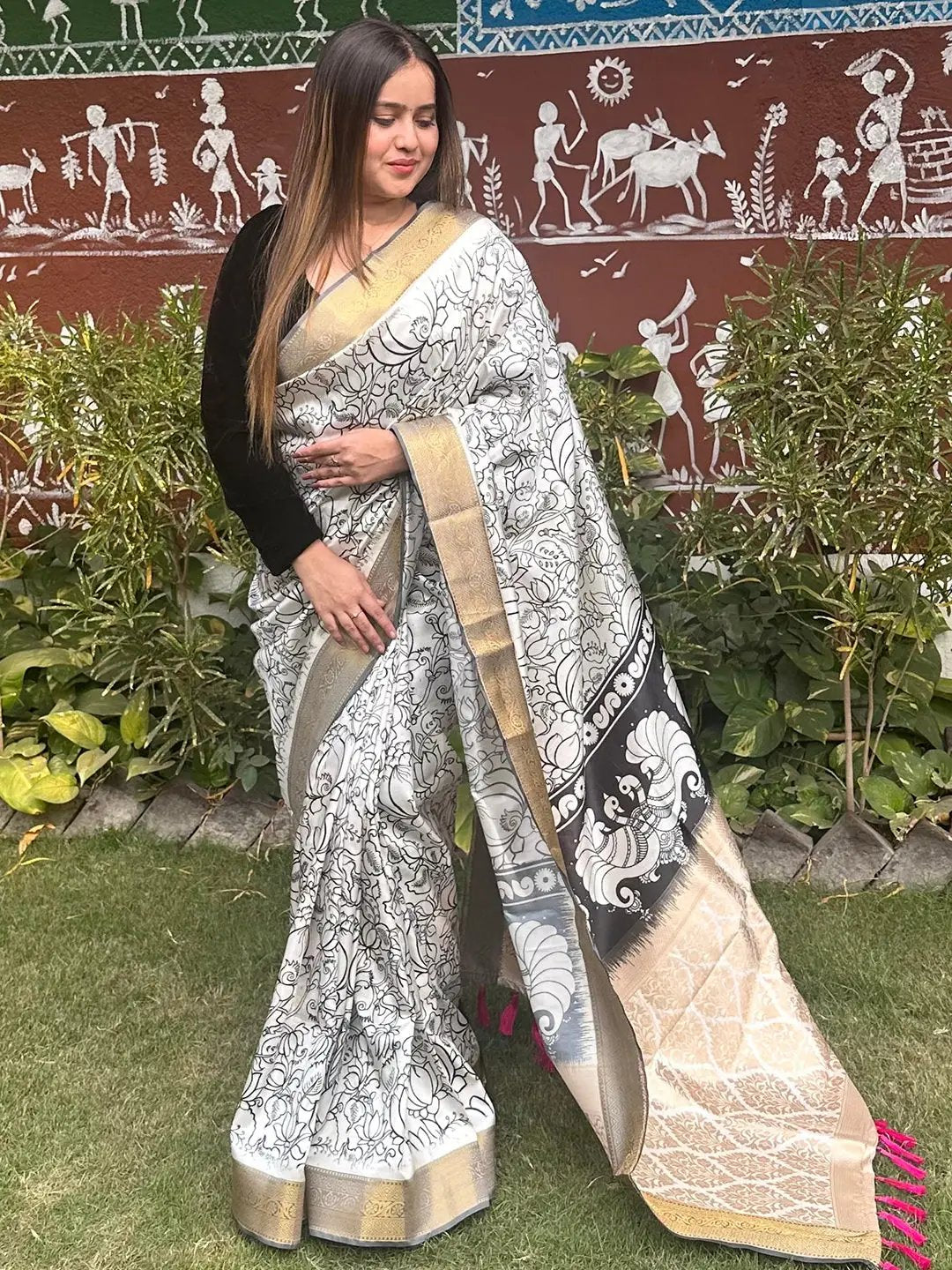 Beautiful Kalamkari saree with detailed block print patterns
