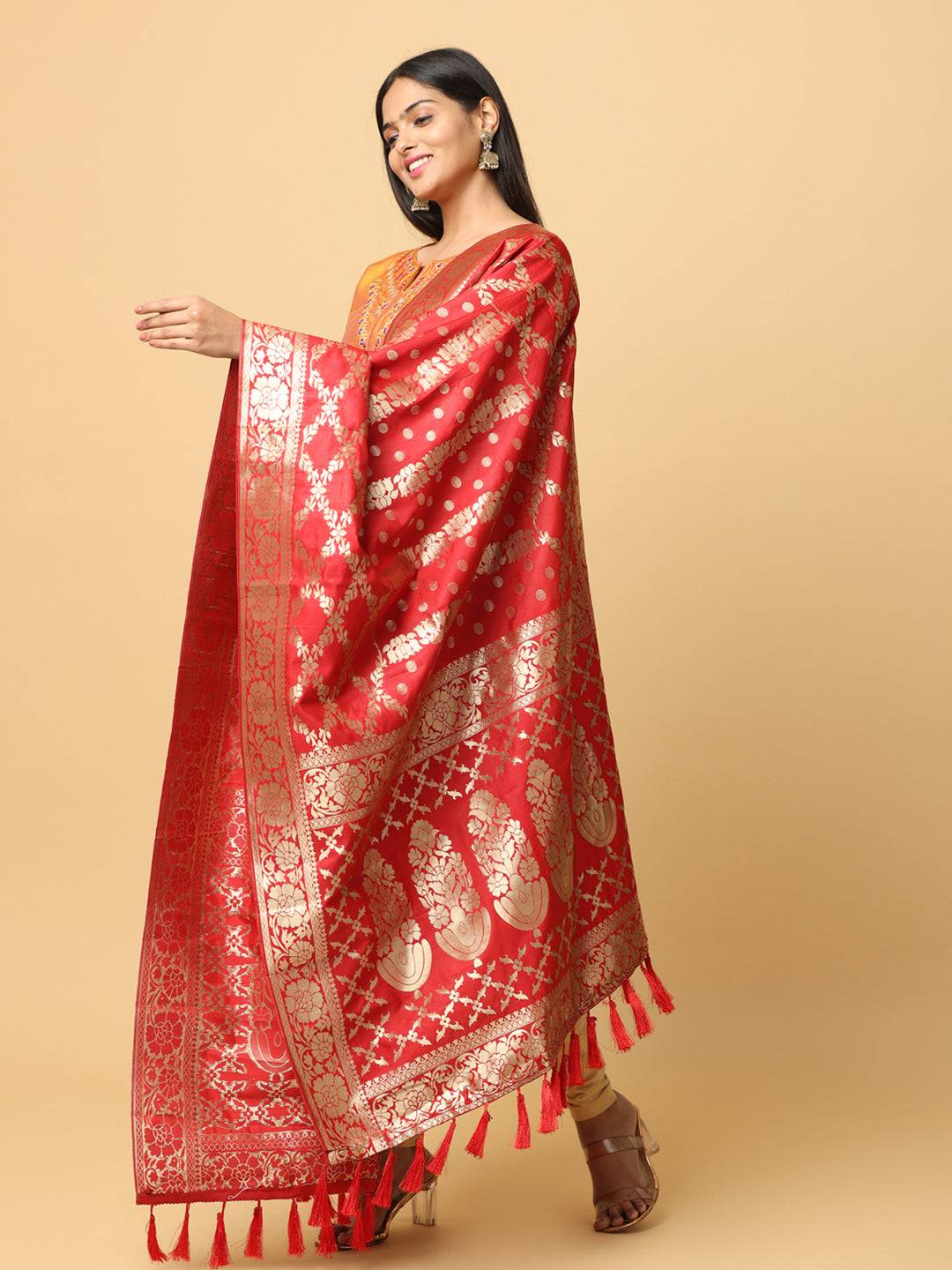 Model showcasing red silk blend woven dupatta