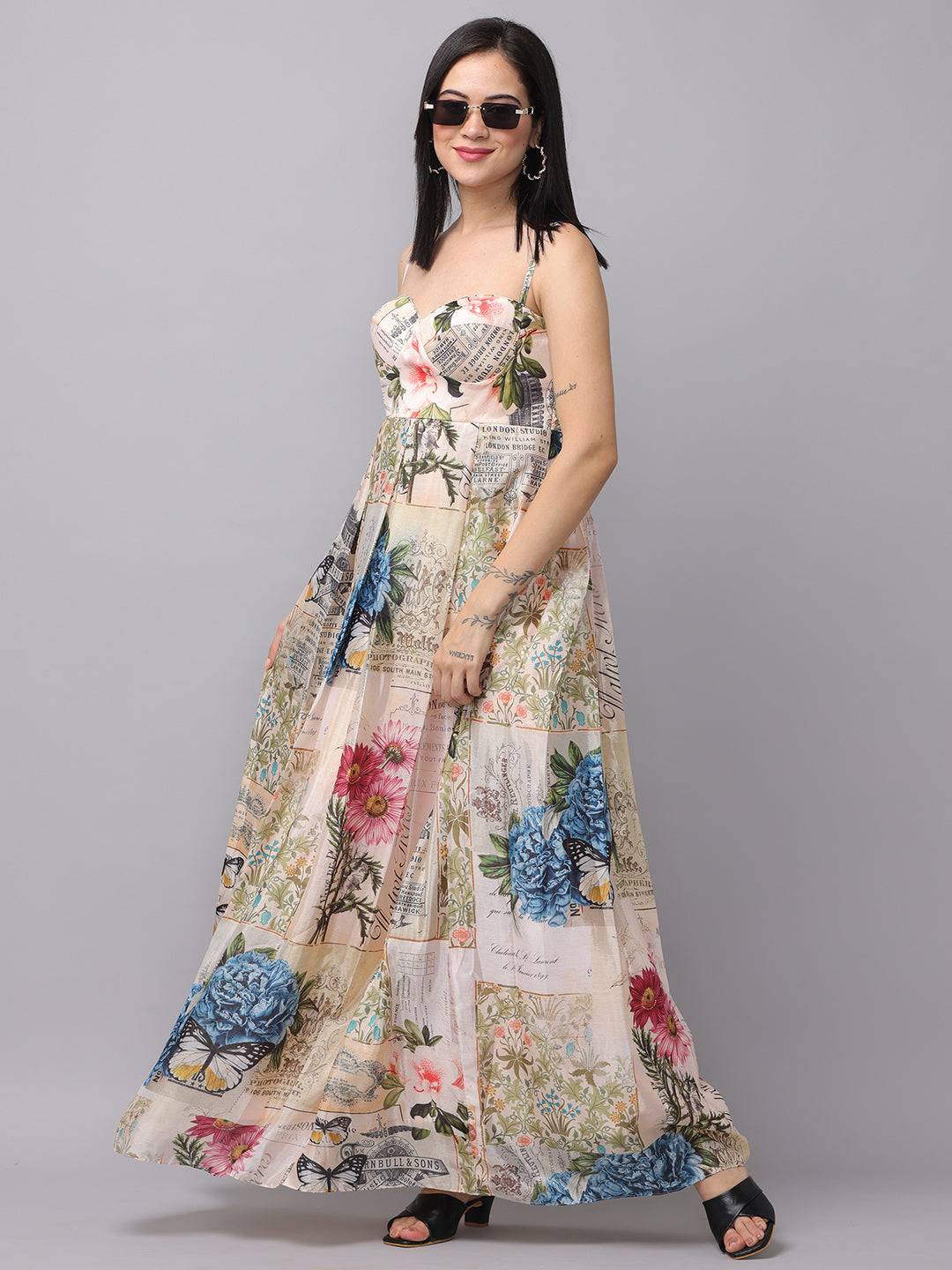 Flowy multi color dress with floral and text print