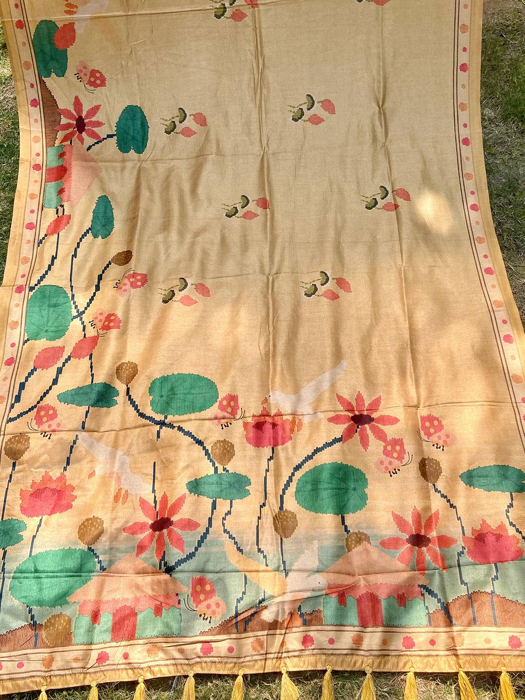 Full View of Gold Tussar Silk Saree with Freehand Ikkat Print