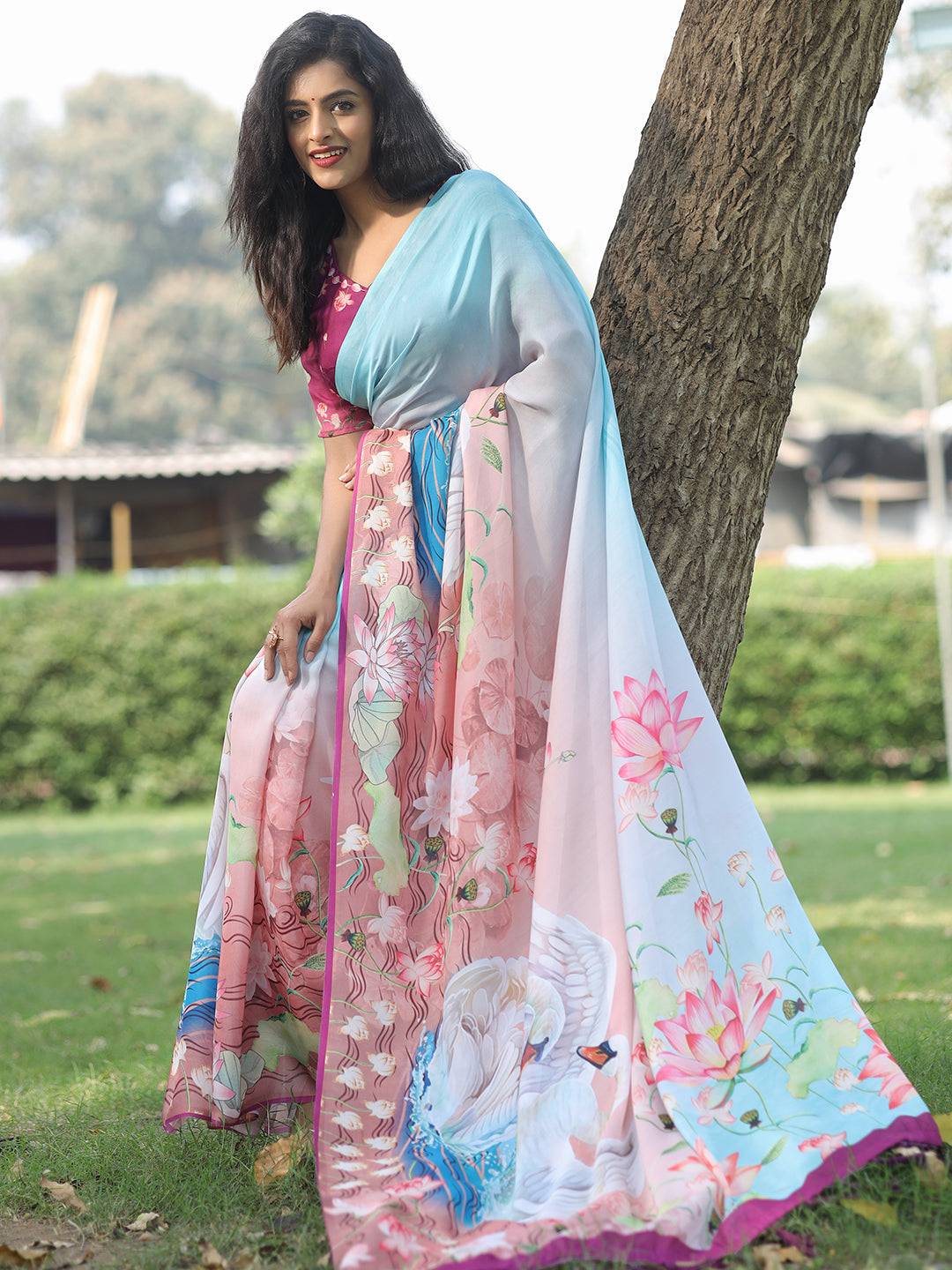 Latest Satin Georgette Sky Blue Colour Hand Print Saree