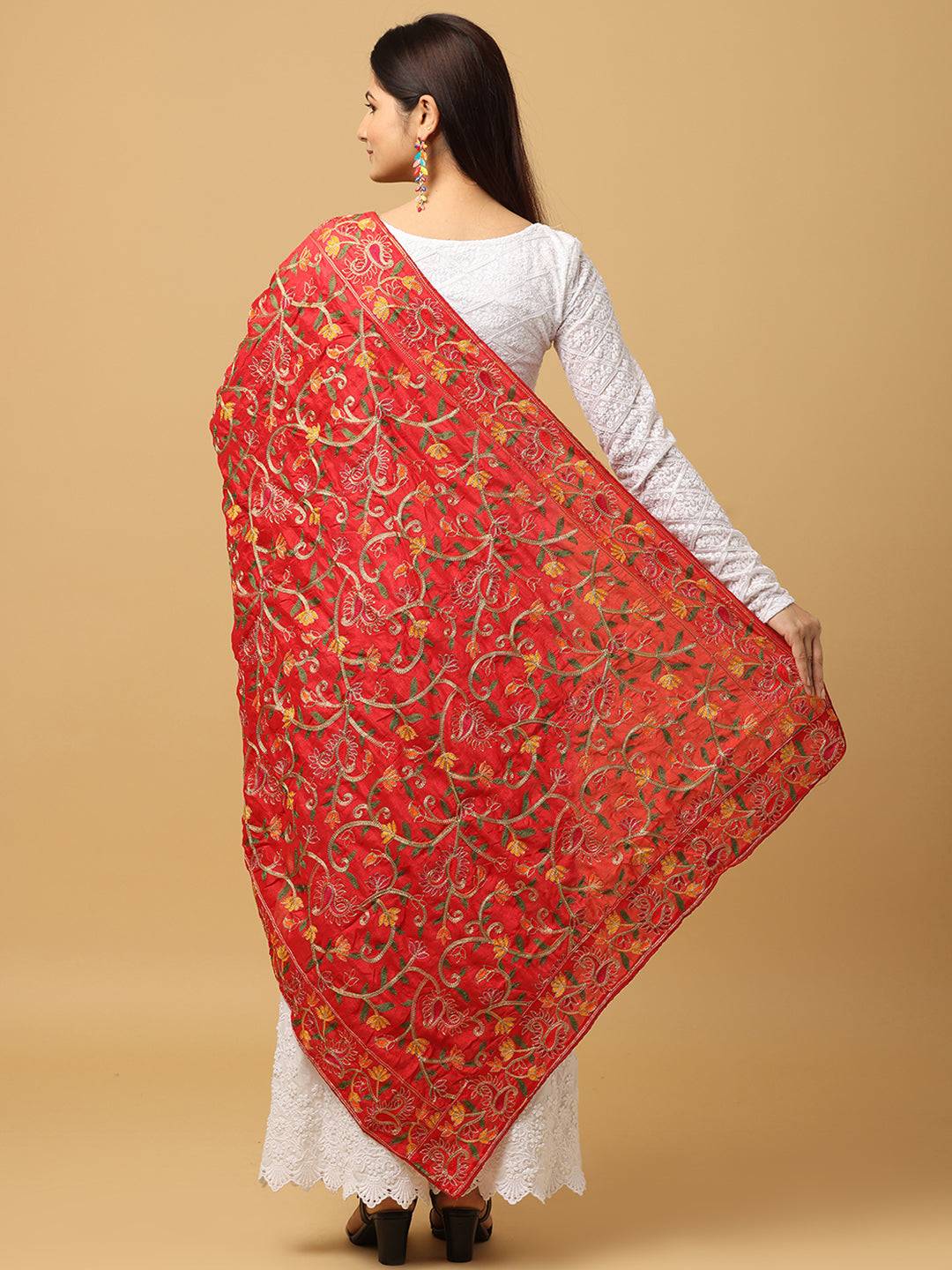 Back view of red poly chiffon pashmina dupatta with embroidery.