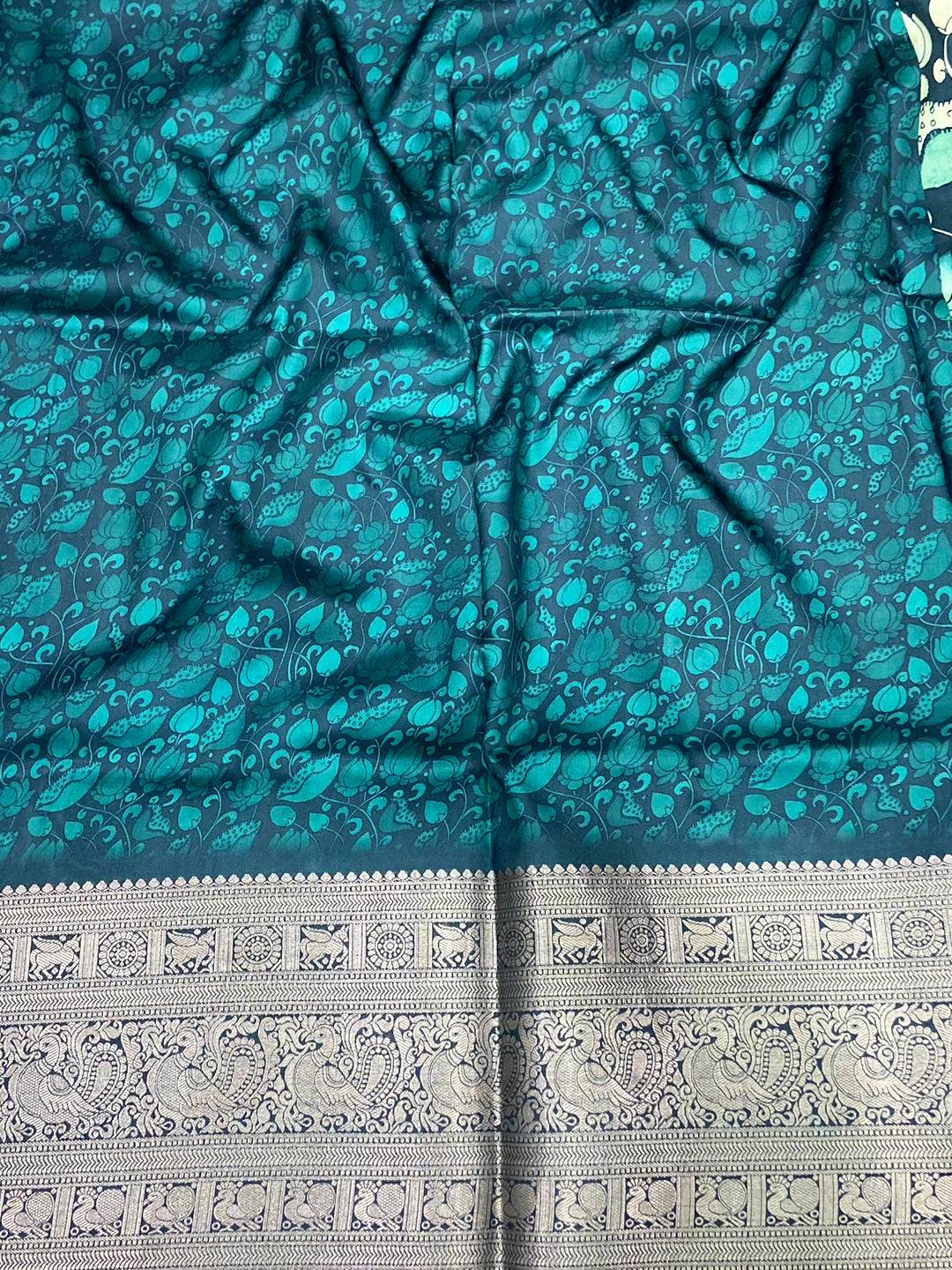 Teal Digital Kalamkari Banarasi Saree