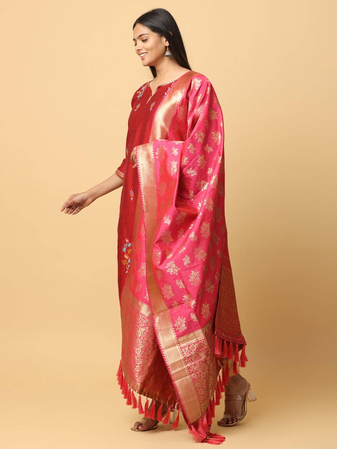 Side view of Rani silk blend dupatta with tassels
