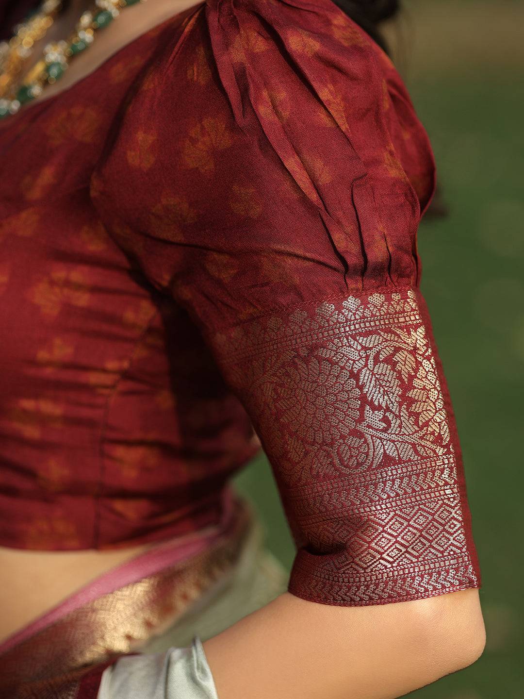 Viscose Dola Silk Pista Saree with Floral and Mughal Print