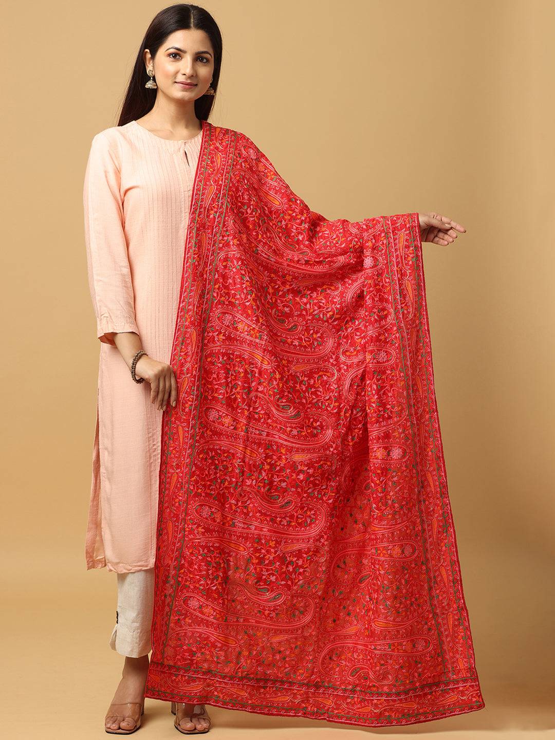 Red Poly Chiffon Pashmina Dupatta with Threadwork