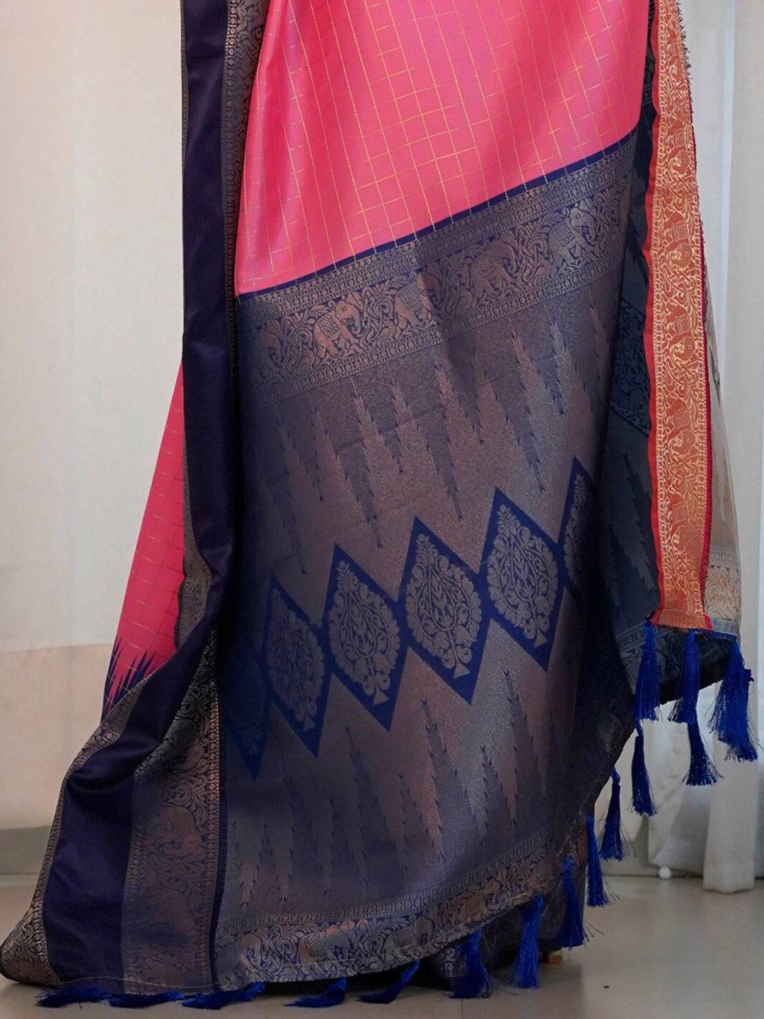 Detailed view of pink Banarasi Gadwal saree with blue zari work