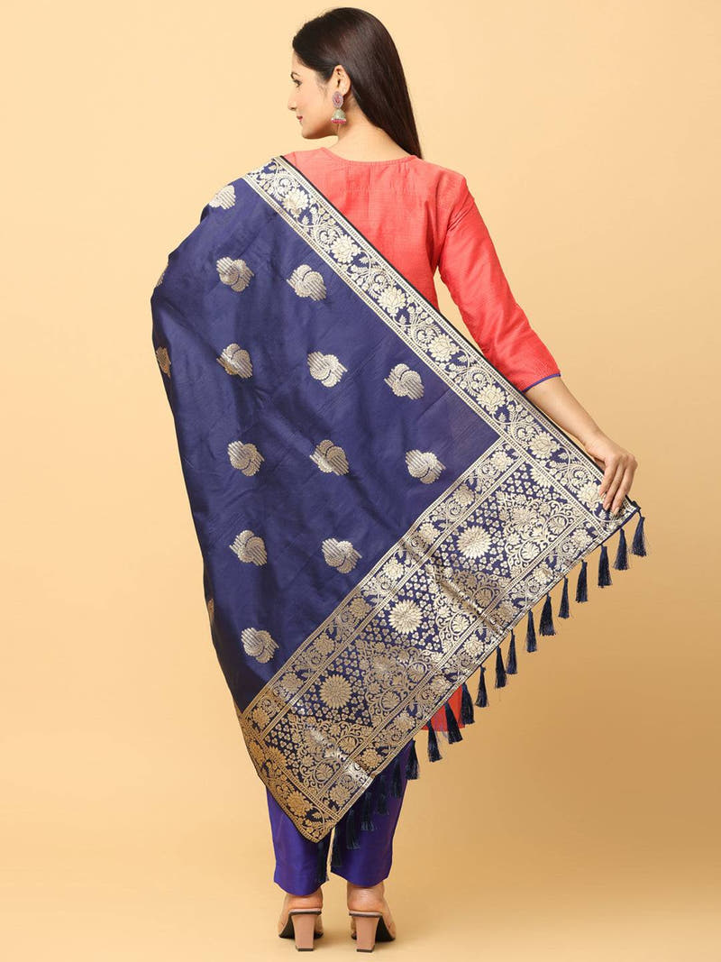 Back view of silk blend dark blue dupatta with intricate woven design
