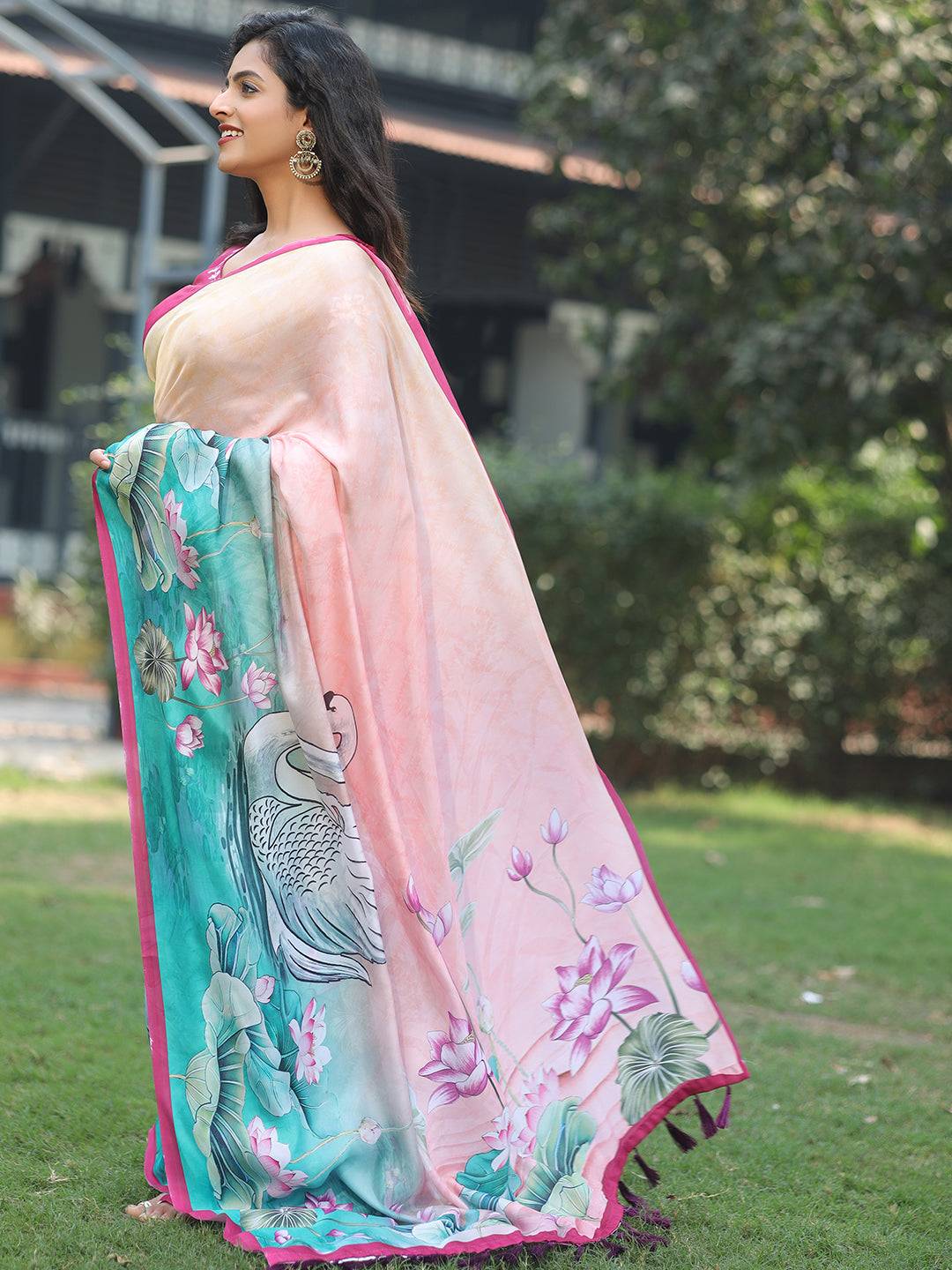 Stylish Satin Georgette Light Peach Colour Hand Print Saree