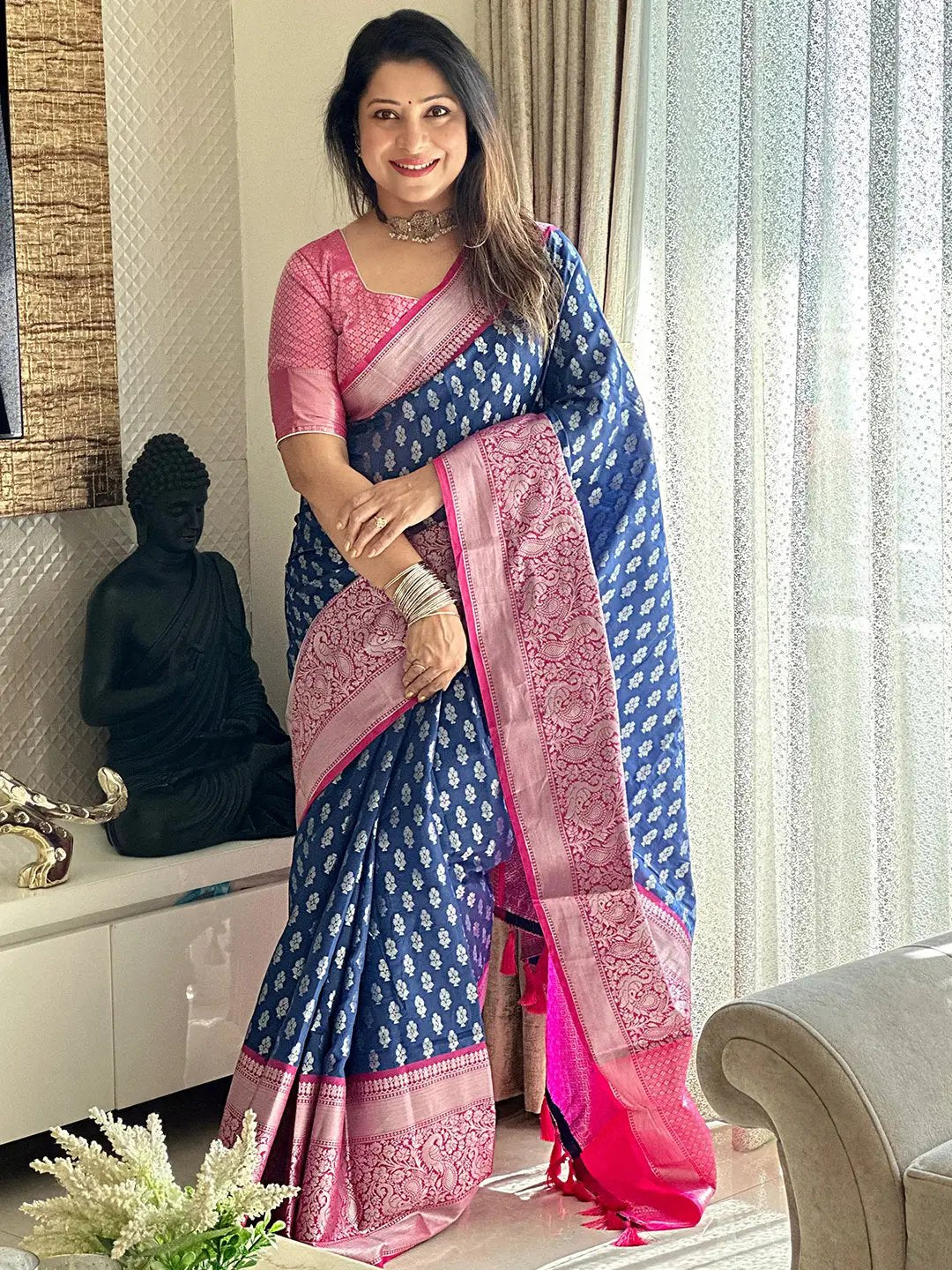 Full view of Blue Banarasi Katan Silk Saree with pink border