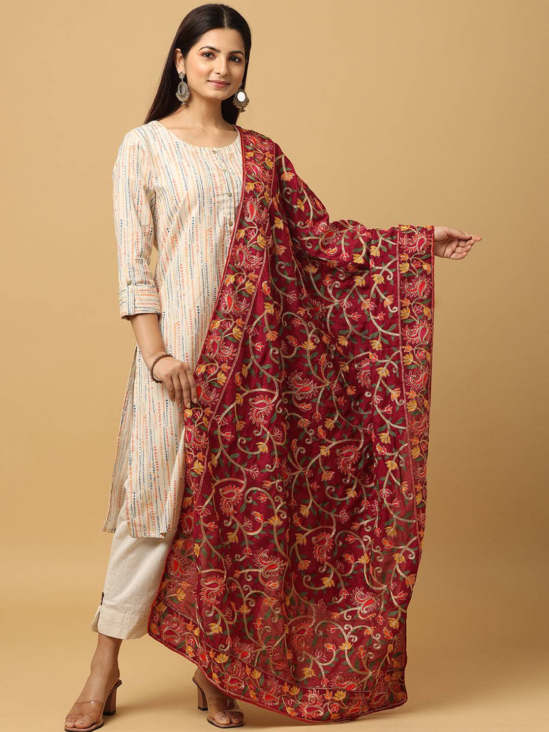 Wine poly chiffon pashmina dupatta with threadwork design