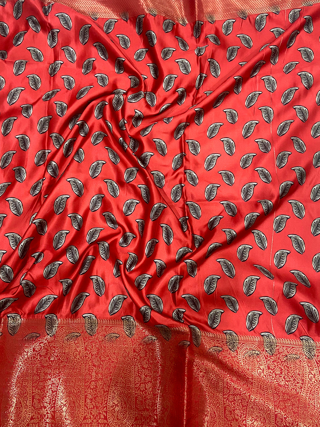 Sea Green Cherry Satin Kalamkari Saree