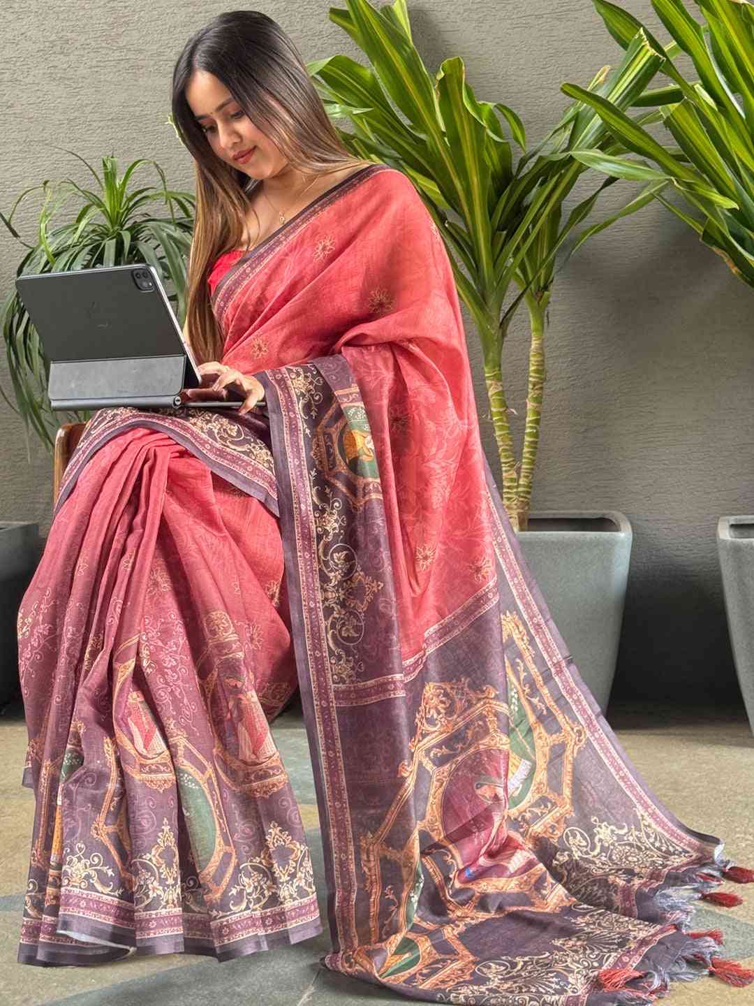 Red linen saree with digital print, perfect for any occasion