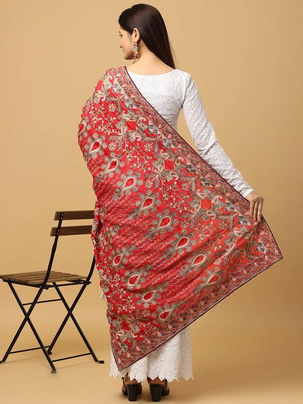 Back view of red poly chiffon dupatta with ethnic motifs