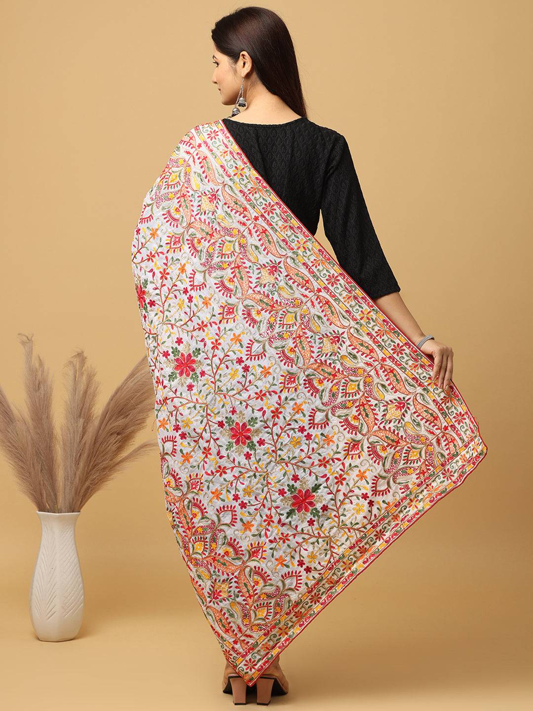 Back view of embroidered poly chiffon pashmina dupatta.