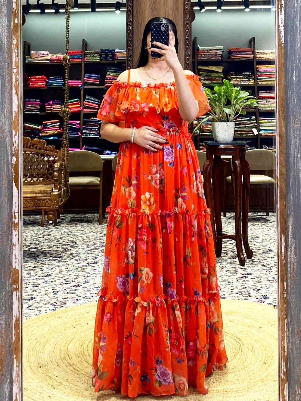 Sunny Orange Georgette Floral Dress