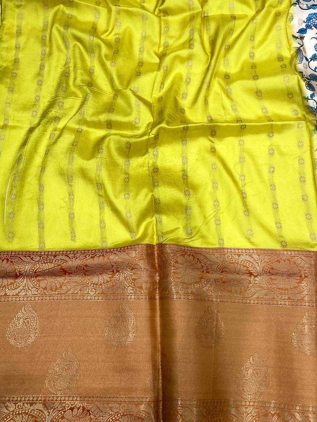 Peach Floral Printed Banarasi Silk Saree