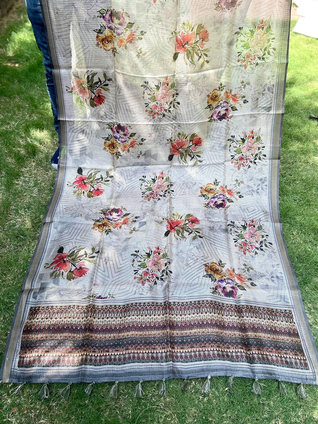 Grey Colour Soft Kota Doriya Silk Saree With Flower Print