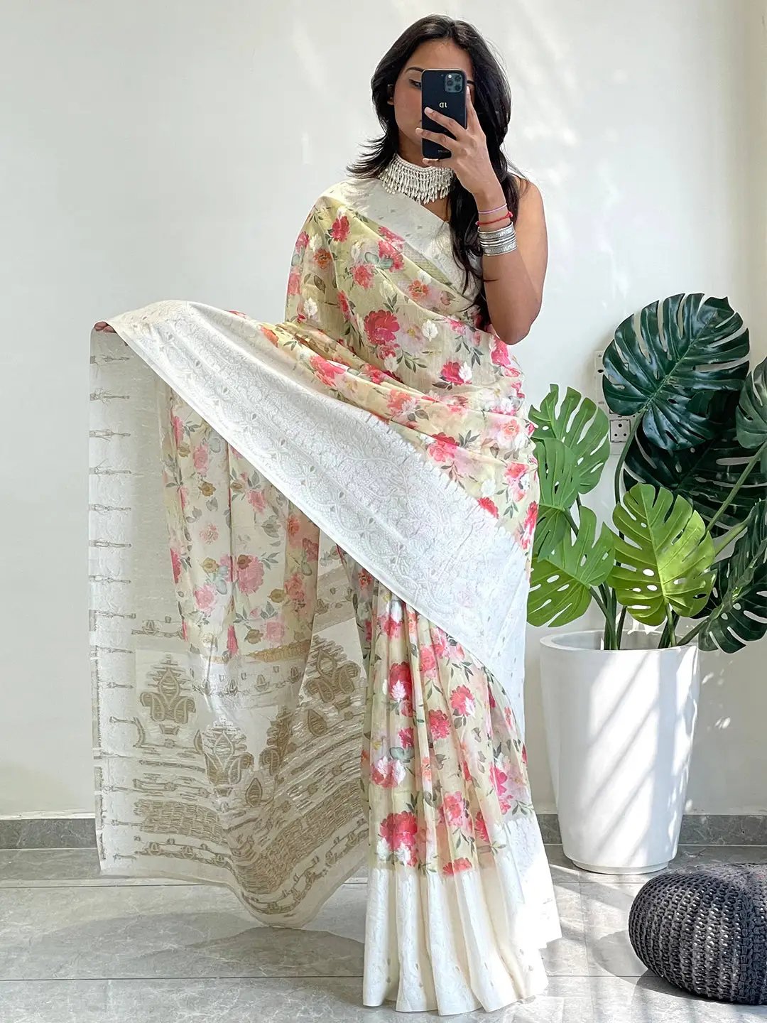 Bollywood designer saree with vibrant floral digital print